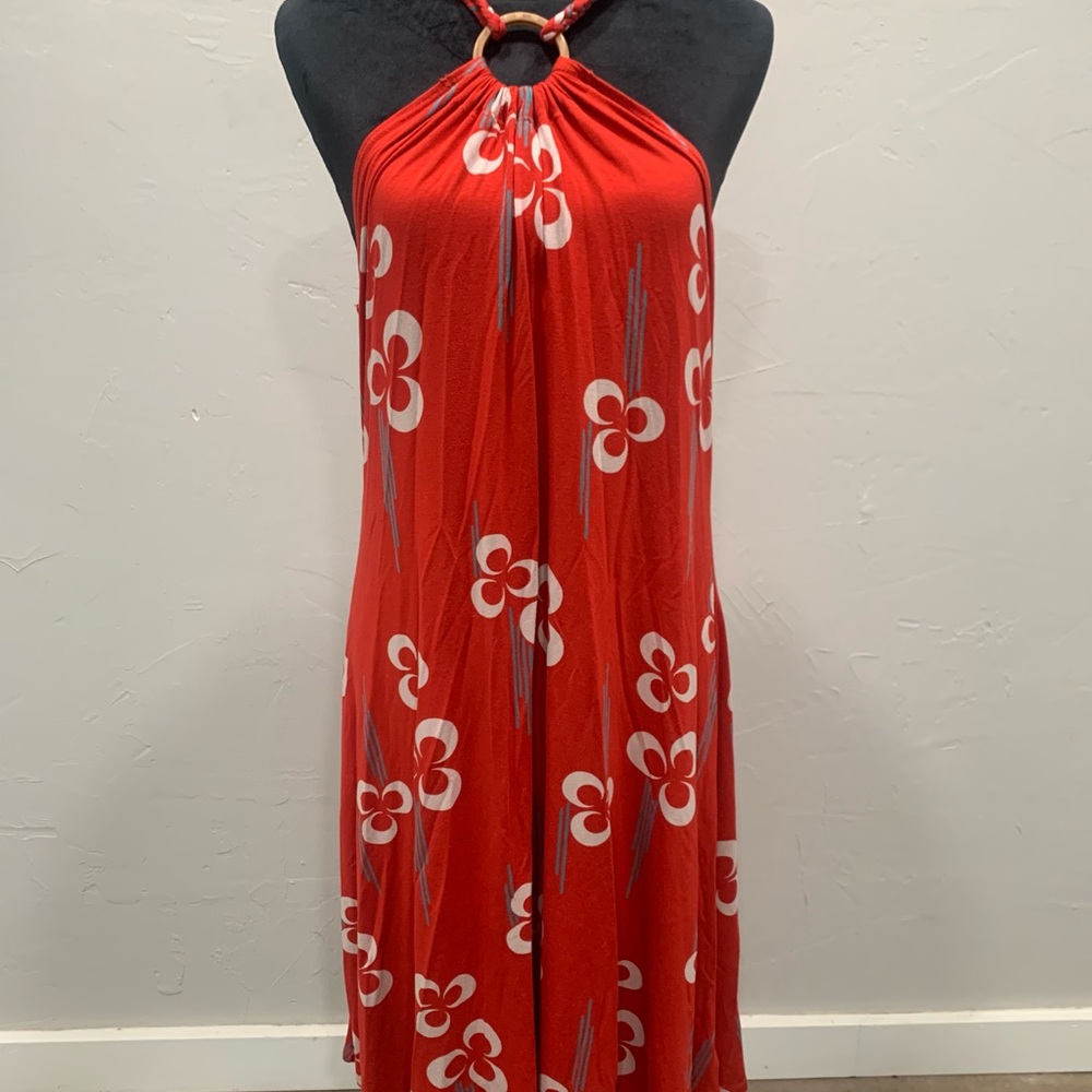 Vintage HYPE Halter Neck Red Floral Print Midi Dress